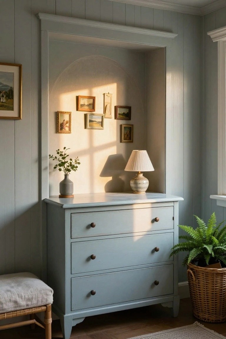 A light blue three-drawer dresser sits inside a recessed arched alcove with small framed pictures on the wall above it.