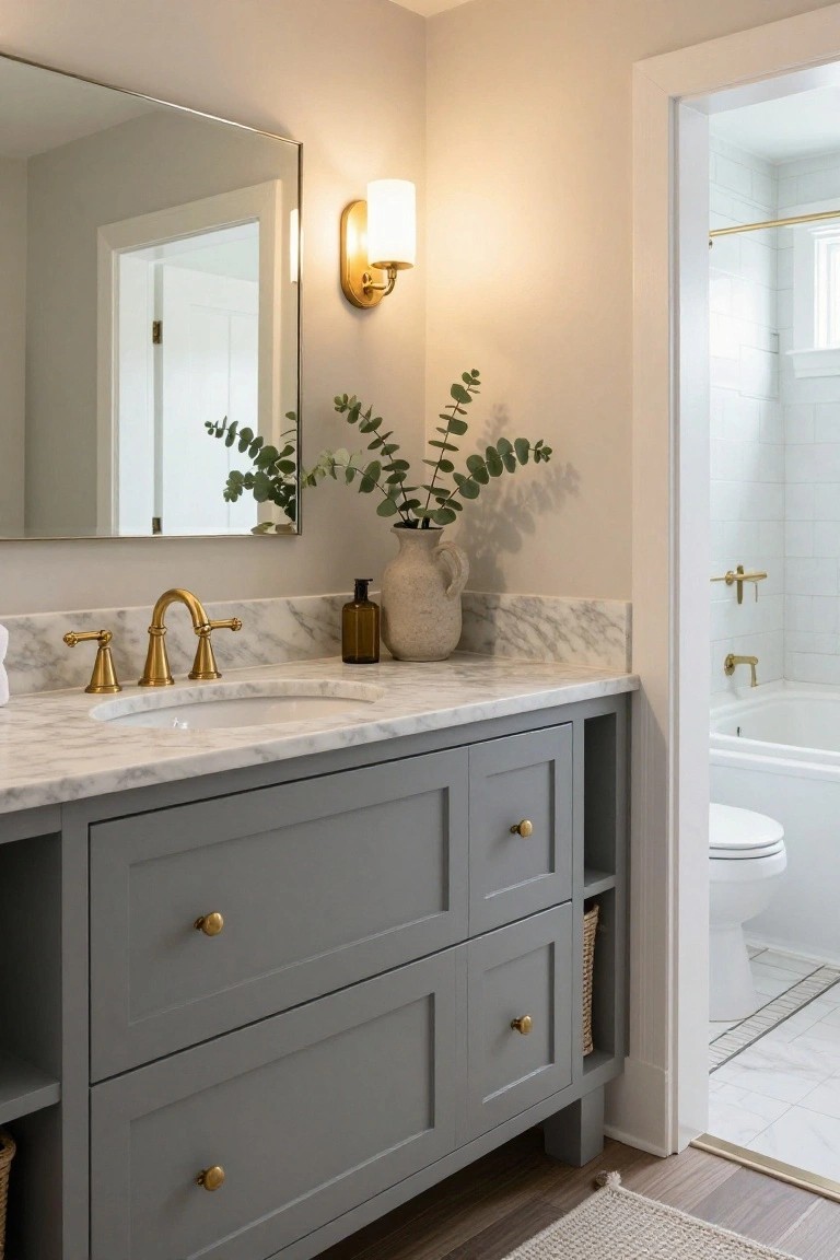 Gray bathroom vanity with marble top, gold fixtures, and eucalyptus plant.