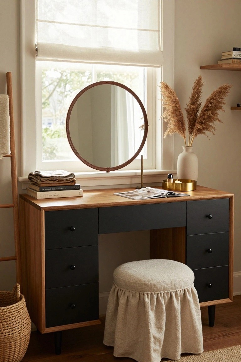 Wooden vanity desk with round mirror, stool, and pampas grass.