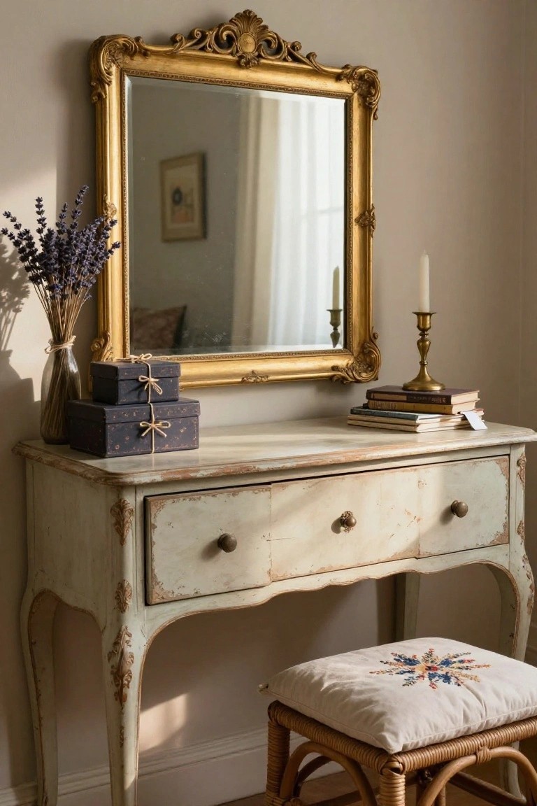 A distressed light blue vanity dresser with three drawers and an ornate gold mirror above it, accompanied by a cushioned stool.