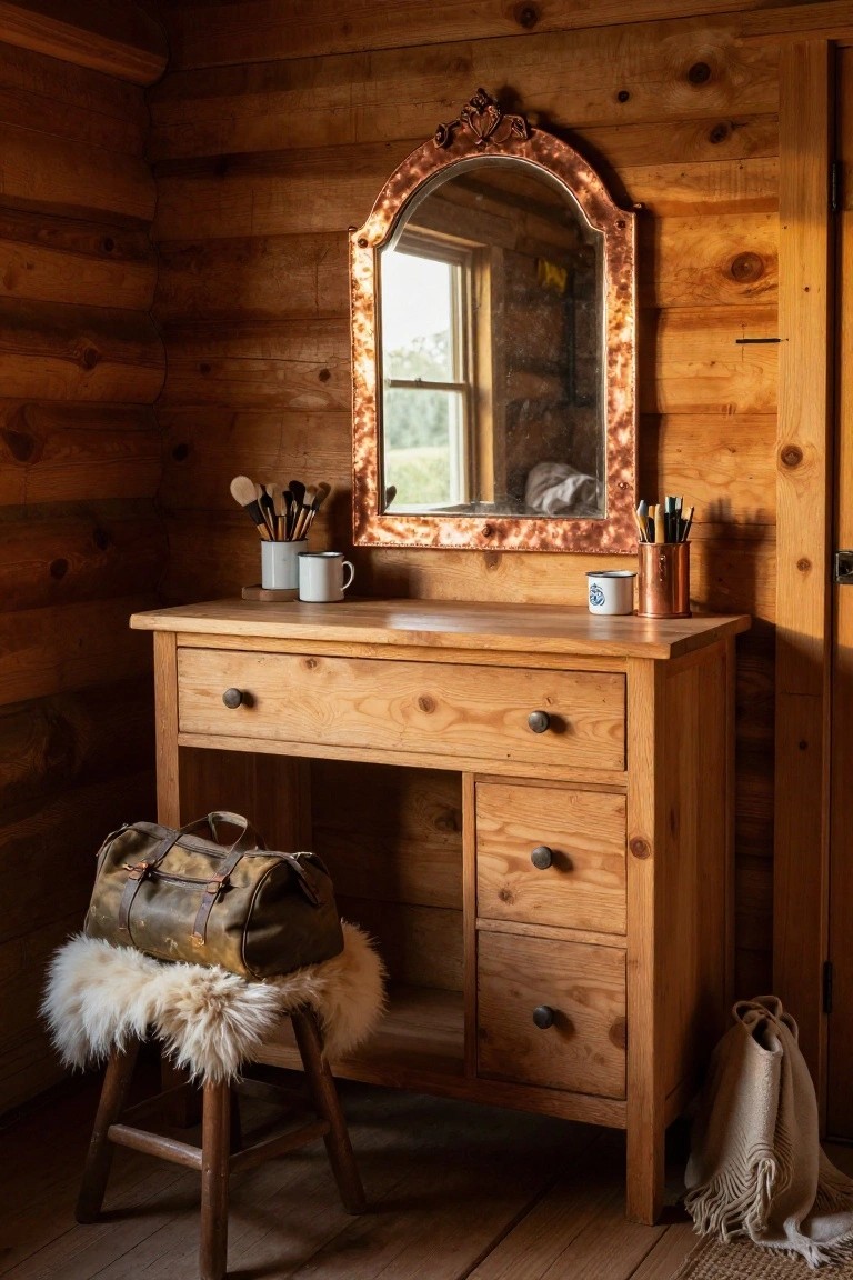 A rustic wooden vanity dresser with multiple drawers and an arched mirror with a copper frame, placed against log walls with a stool holding a bag in front.