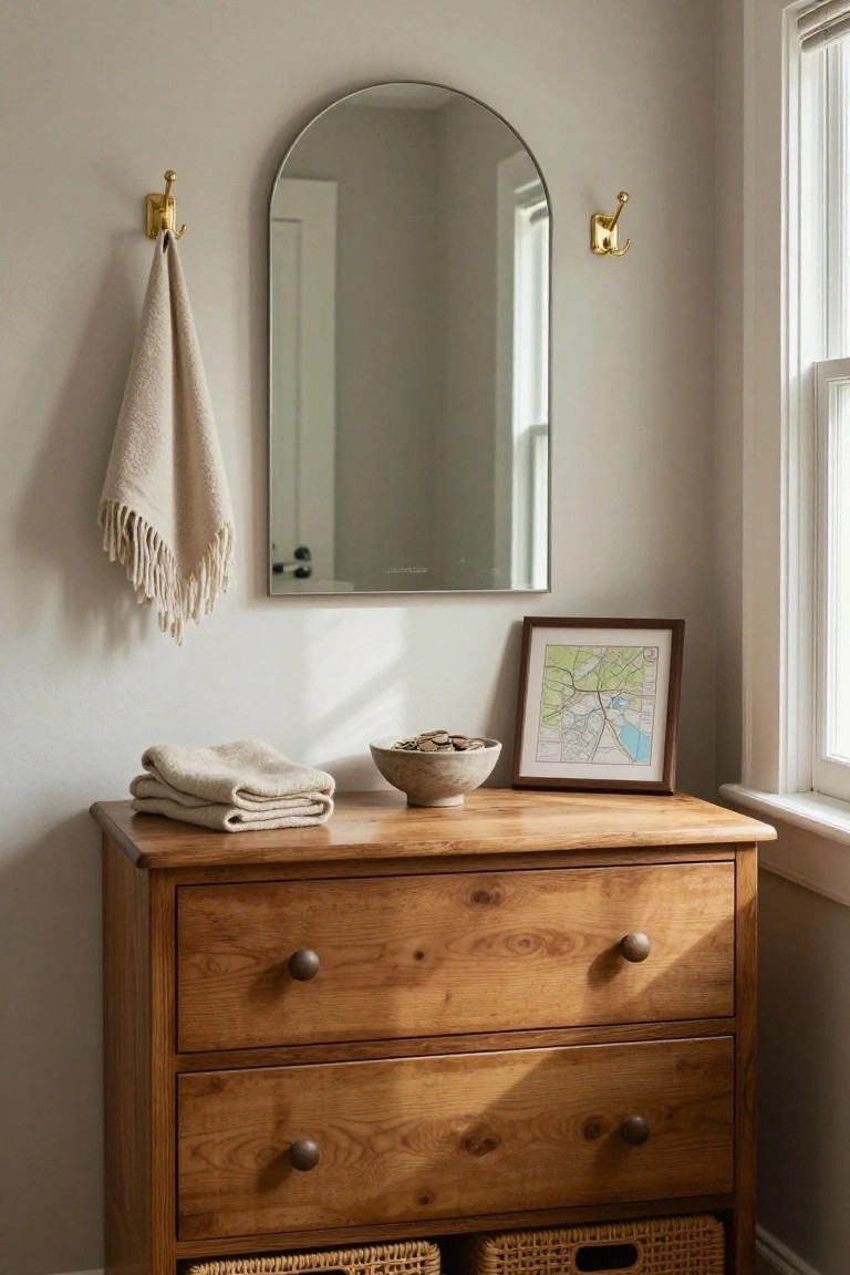 A wooden dresser with two drawers and woven baskets below holds folded towels, a bowl, and a framed map under an arched mirror on a light wall.