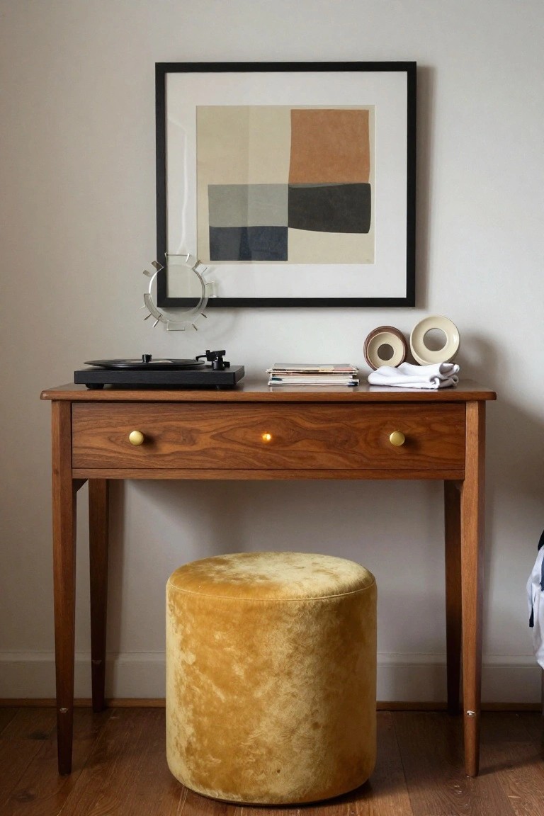 A wooden desk with three drawers holds a record player, stacked books, and ceramic decor, with a round yellow velvet ottoman underneath and framed abstract art on the wall above.