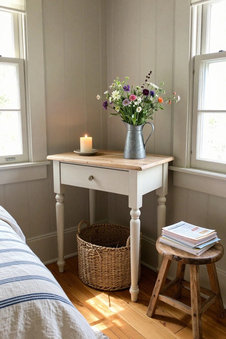 A white painted vintage bedside table with a natural wood top holds a metal pitcher of wildflowers and a lit candle, with a woven basket stored underneath on a wooden floor between two windows.
