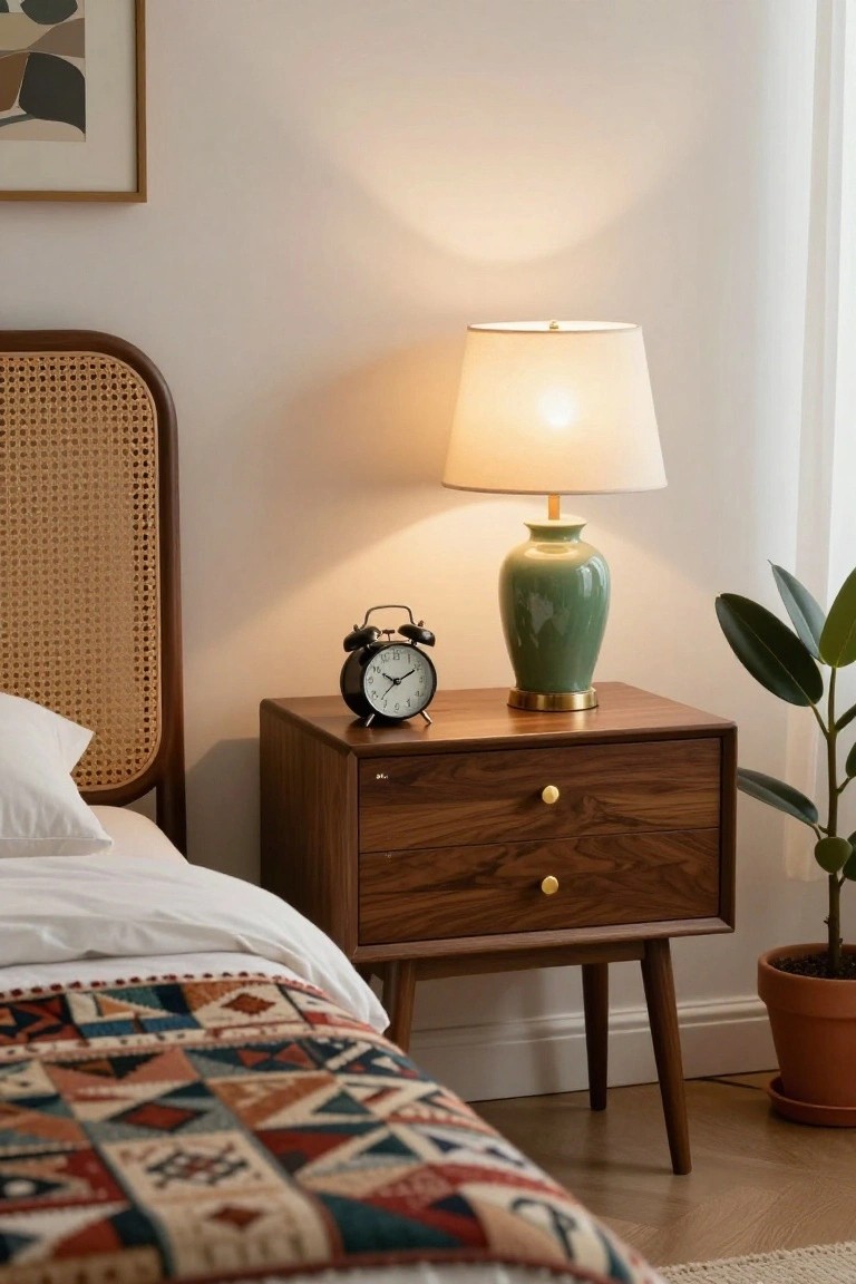Mid-century wooden nightstand with green lamp, black clock, and plant.