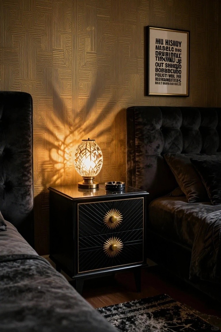 A black vintage bedside table with gold sunburst drawer pulls stands beside a dark velvet bed, topped with a lit patterned glass lamp.