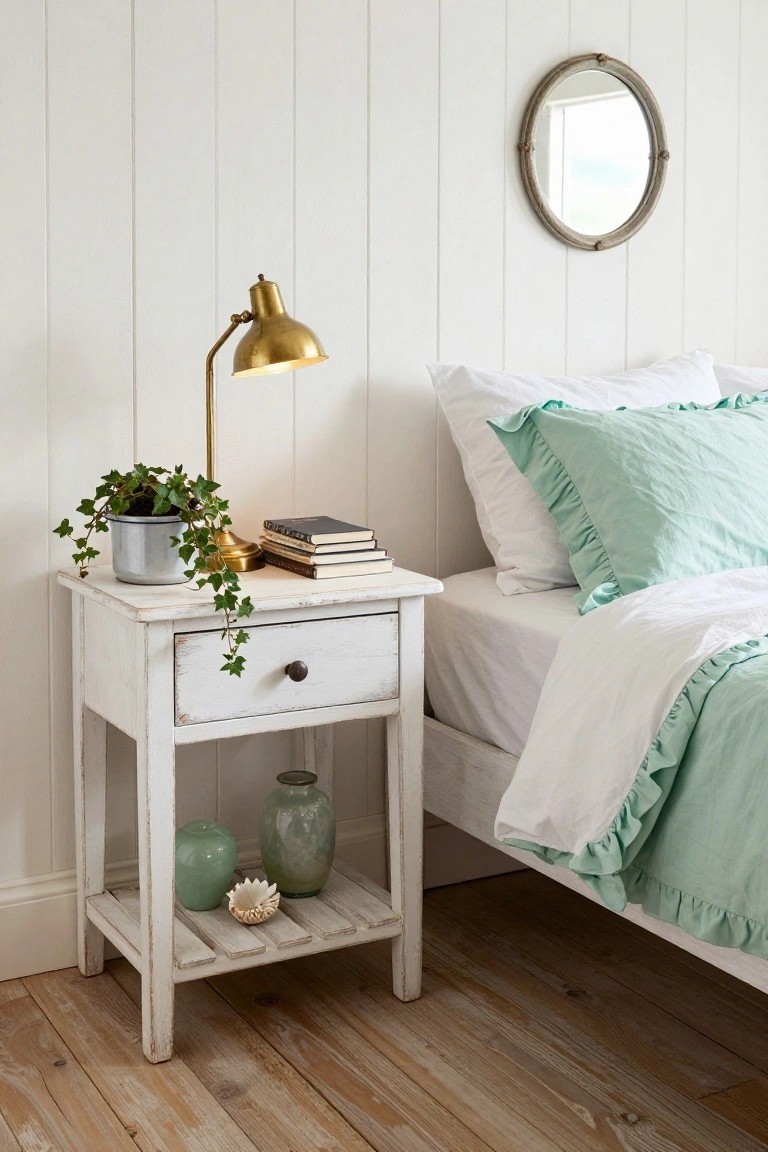 A white distressed wooden bedside table with a drawer and lower shelf stands next to a bed with white and mint green bedding, holding a brass lamp, books, and a potted ivy plant.
