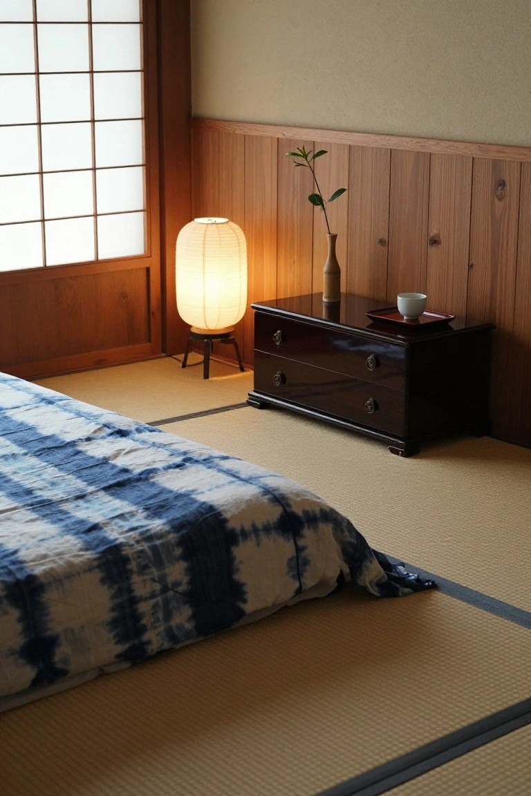 A low dark wooden chest of drawers rests on tatami mats next to a bed with blue and white tie-dye bedding, with a paper lantern and a small vase on top.