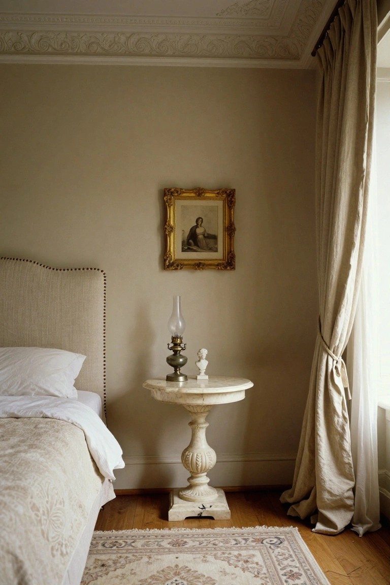 Elegant bedroom with marble table, oil lamp, and ornate gold-framed art.