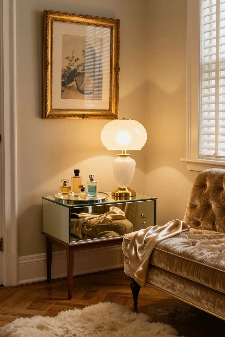 A vintage mirrored bedside table with a glowing white lamp and small perfume bottles sits beside a tufted velvet chaise in a softly lit room with a framed print on the wall.