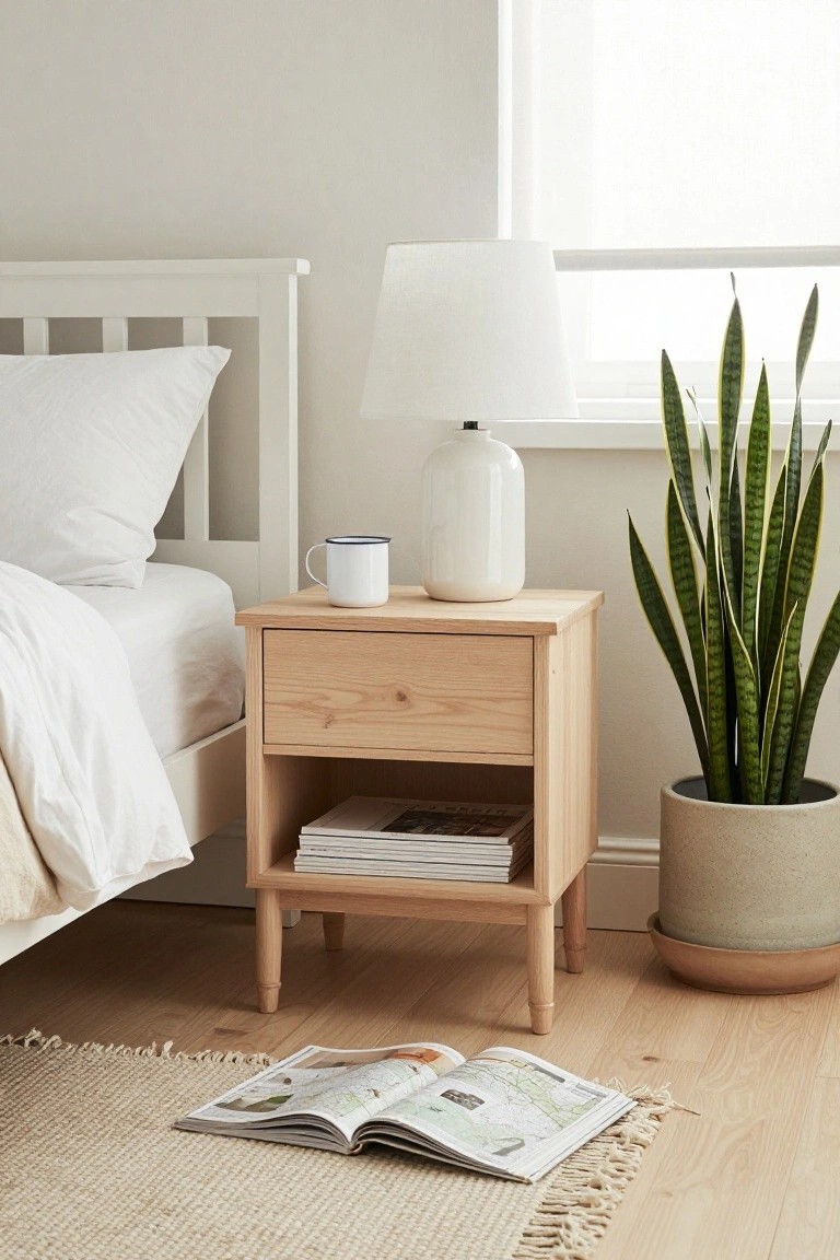 Bedside table with lamp, mug, and magazines beside bed and plant.