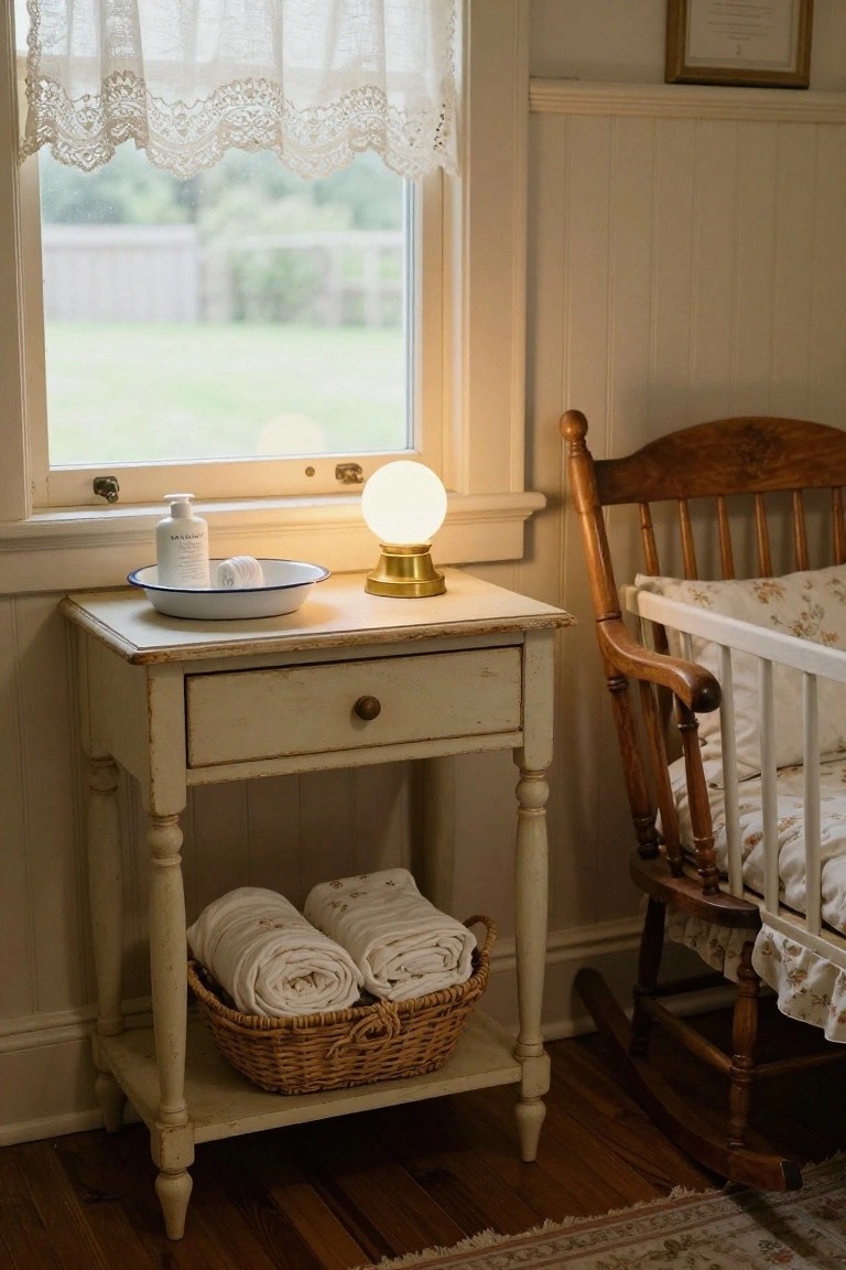 A white distressed wooden bedside table with a drawer and open lower shelf sits beside a window, holding a small lamp and enamel bowl on top and a wicker basket of rolled linens below.
