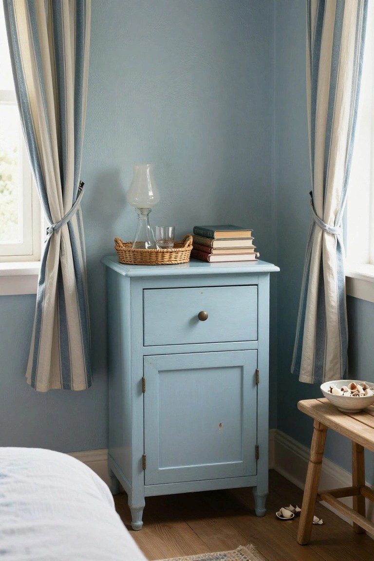 Blue bedside cabinet with drawer, lamp, and stacked books.