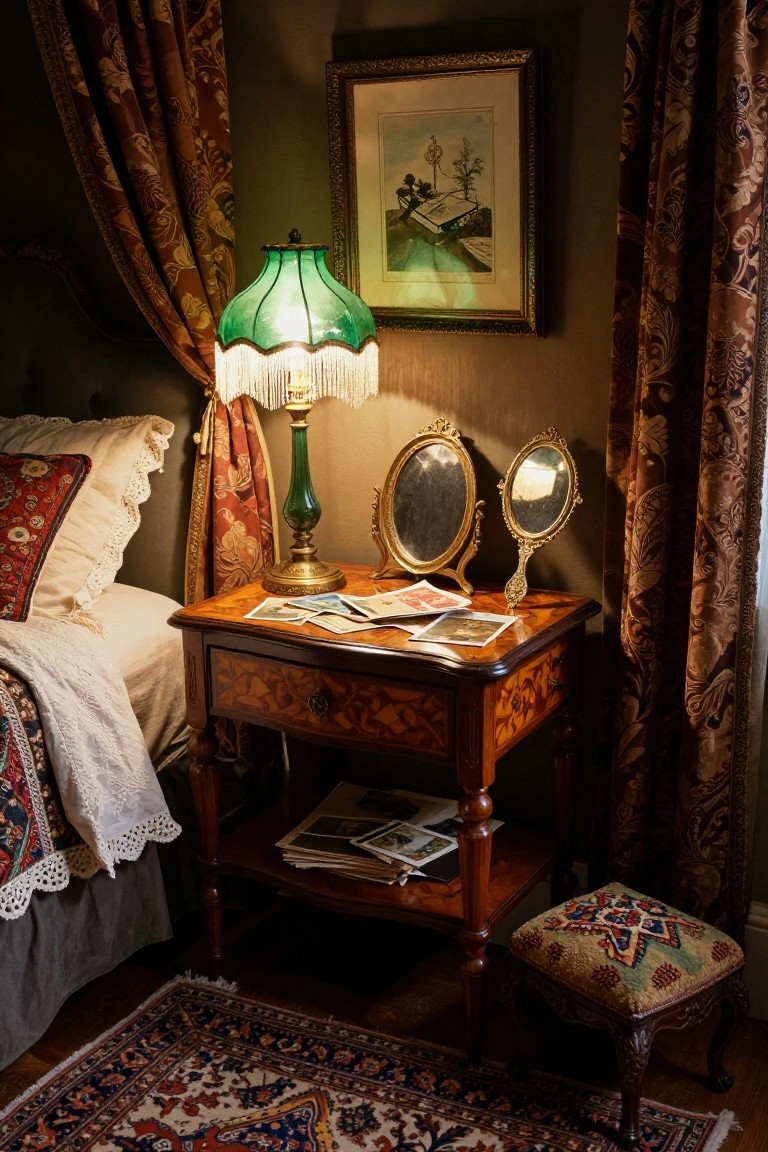 A vintage wooden bedside table with a green lamp on top and old photographs on both the surface and lower shelf, positioned next to a bed with patterned curtains.