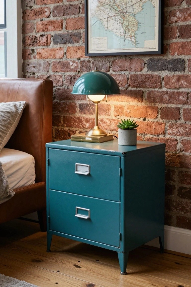 A teal metal filing cabinet with two drawers serves as a bedside table next to a bed, topped with a green dome lamp, stacked books, and a small potted succulent against a red brick wall.