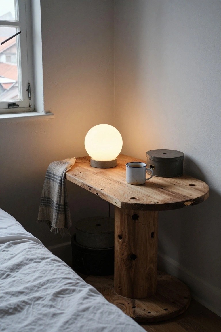 Cozy wooden spool table with glowing orb lamp, mug, and plaid cloth.