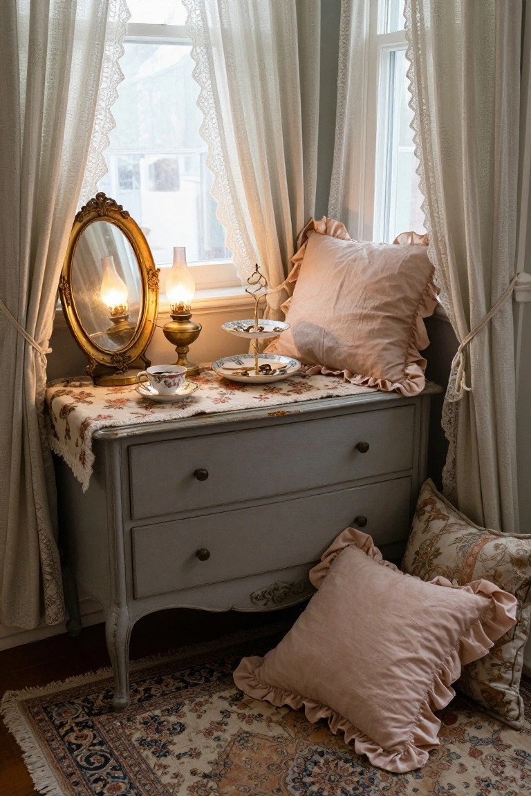 Vintage gray dresser with mirror, lamps, and pink pillows by lace-curtained window.