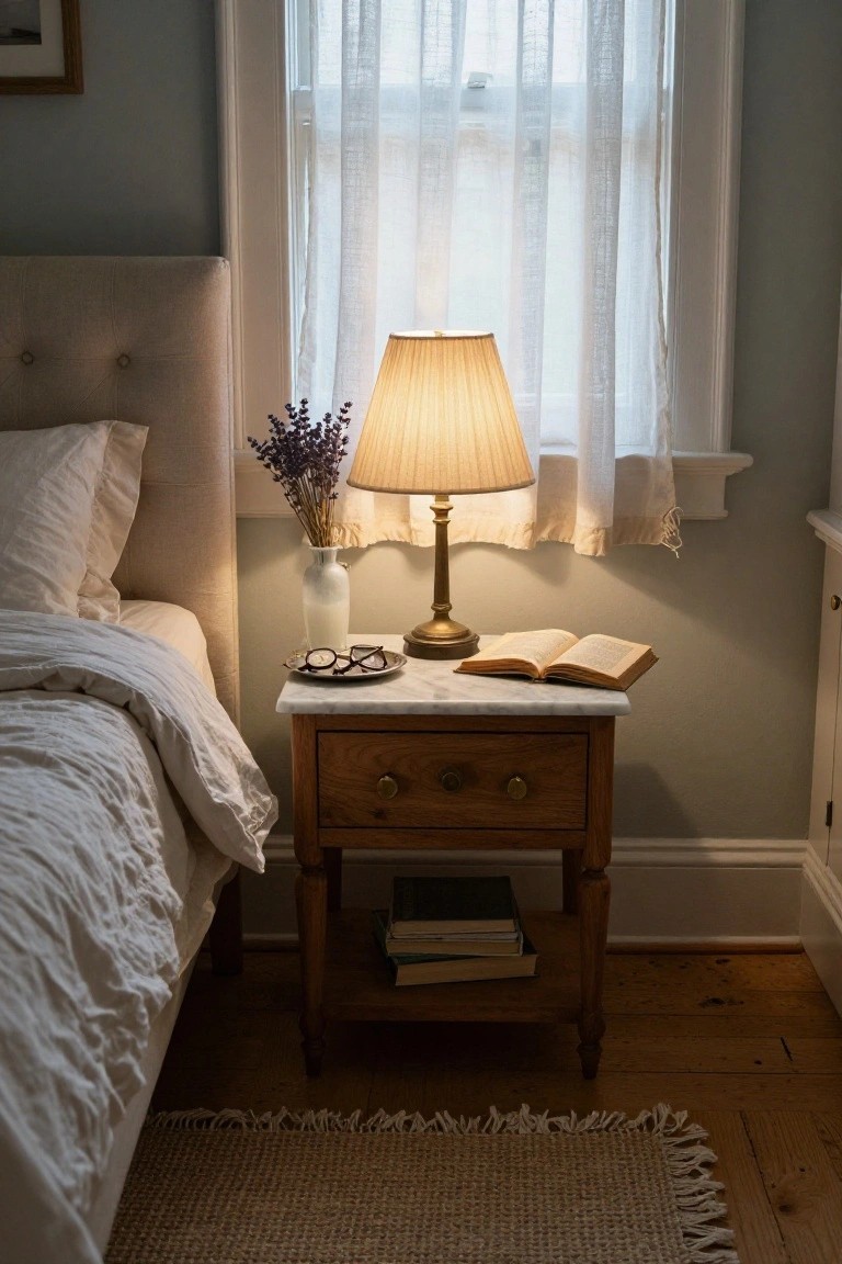 Cozy bedroom nightstand with glowing lamp, open book, and lavender.