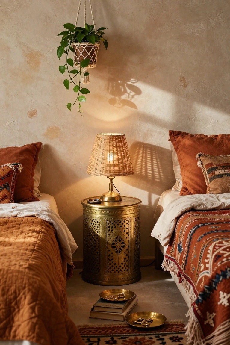 Cozy bedroom with two beds, brass lamp, hanging plant, and warm textiles.