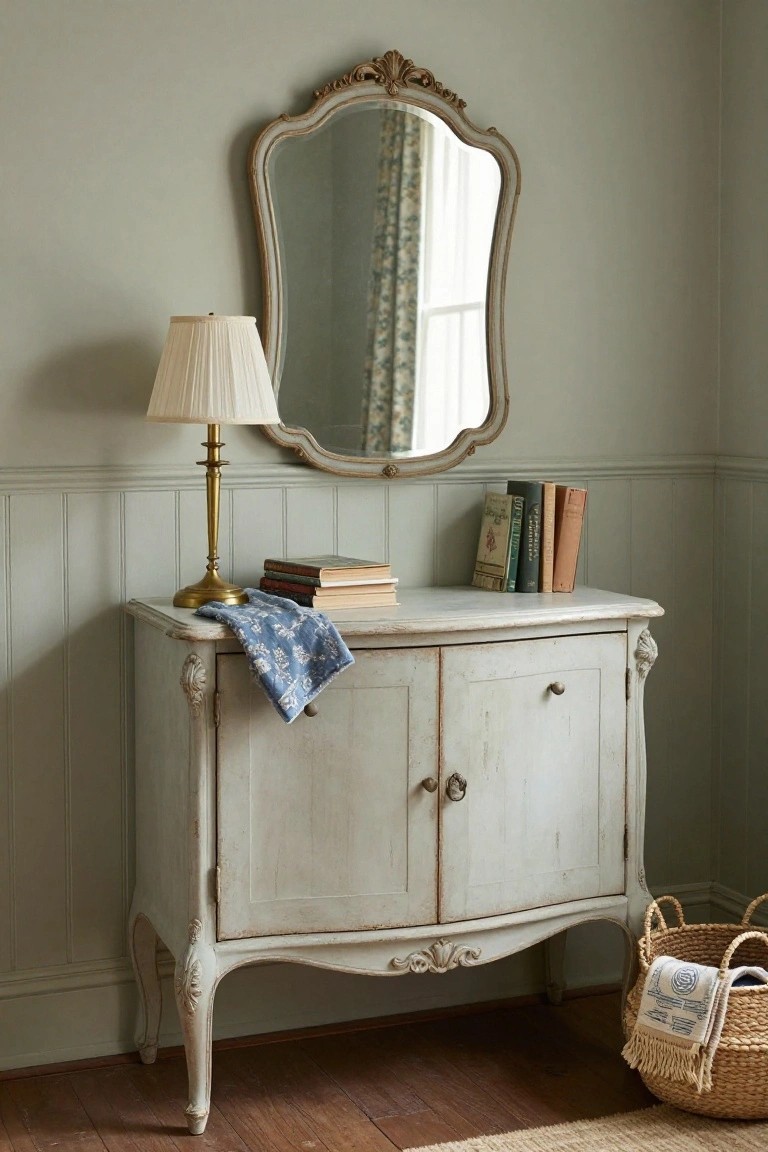 Vintage white distressed cabinet with ornate mirror, lamp, books, and woven basket.