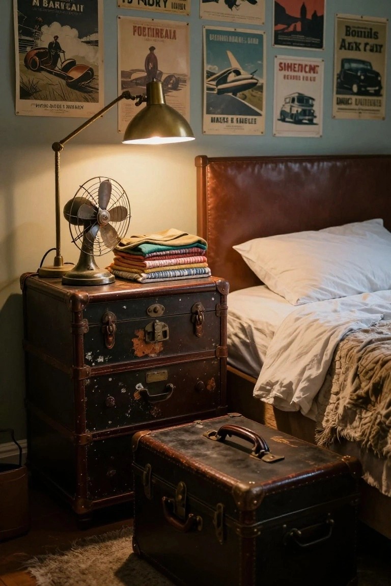 Vintage bedroom with stacked trunks, antique fan, brass lamp, and travel posters.