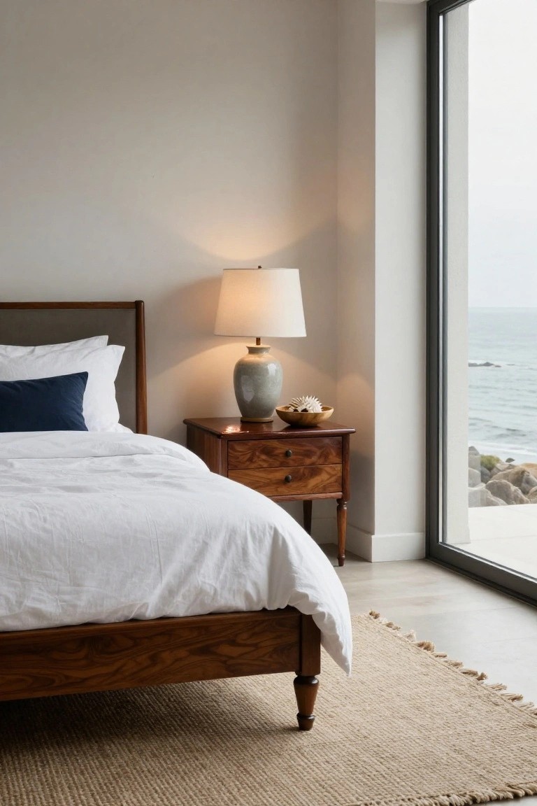 A bedroom scene shows a wooden bed with white linens and a dark wood nightstand holding a ceramic lamp and a small bowl, positioned near a large window with an ocean view.