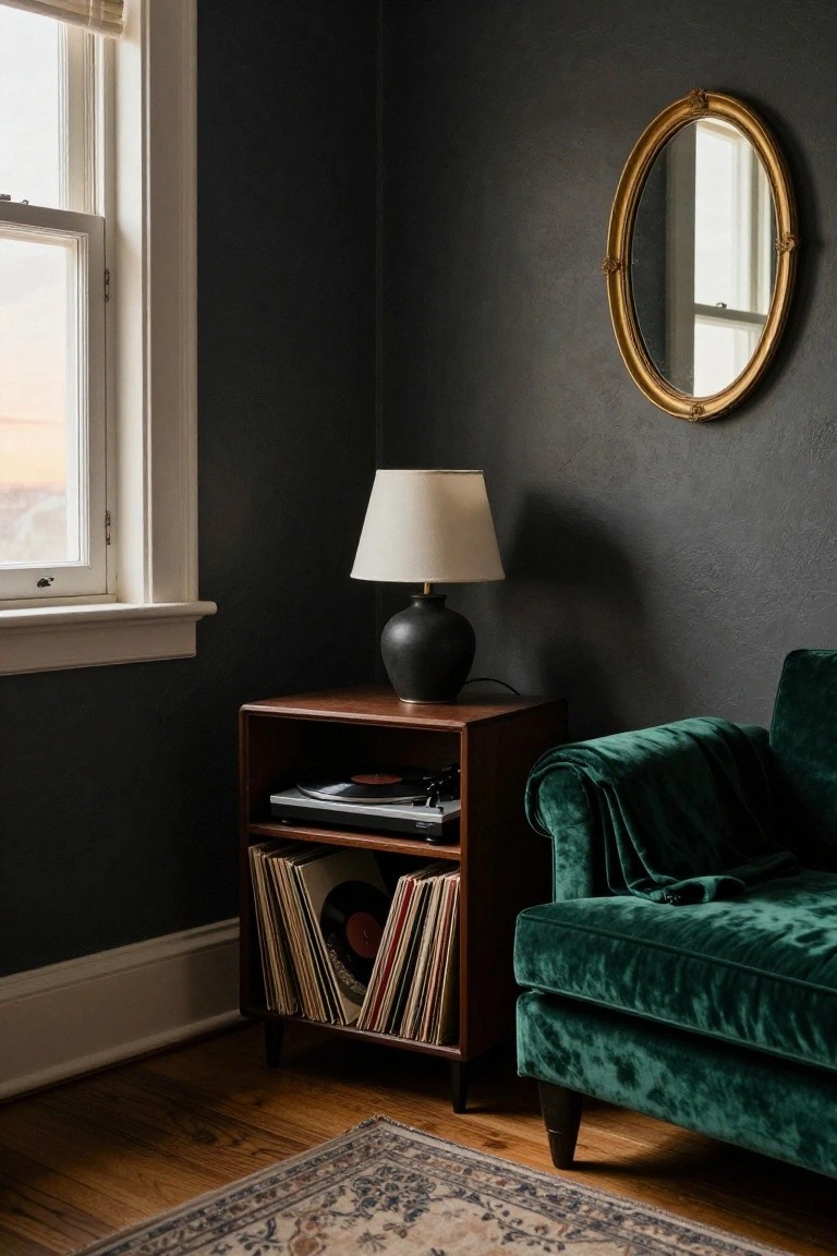 Dark green wall with wooden record cabinet, green velvet chair, and gold mirror.