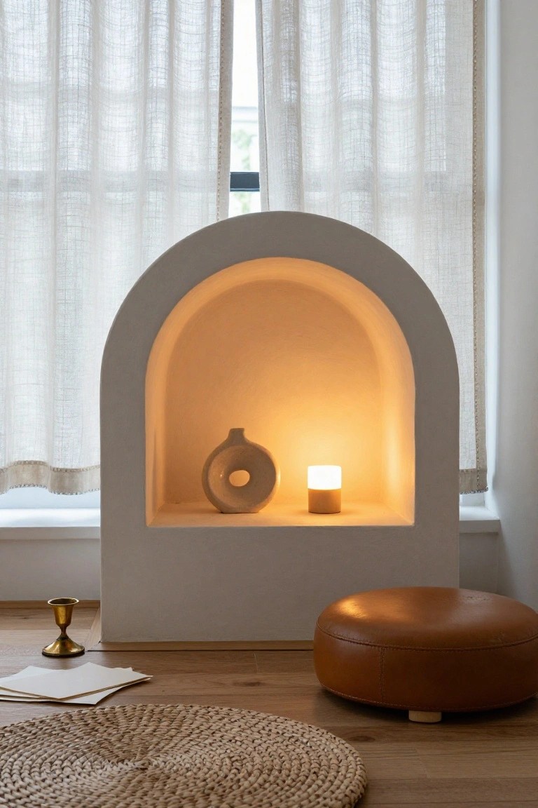 White arched wall niche with beige ceramic vase featuring a circular hole and lit cylindrical wooden lamp inside, sheer curtains on window nearby, brown leather pouf, seagrass floor mat, papers, and brass candlestick on wooden floor.