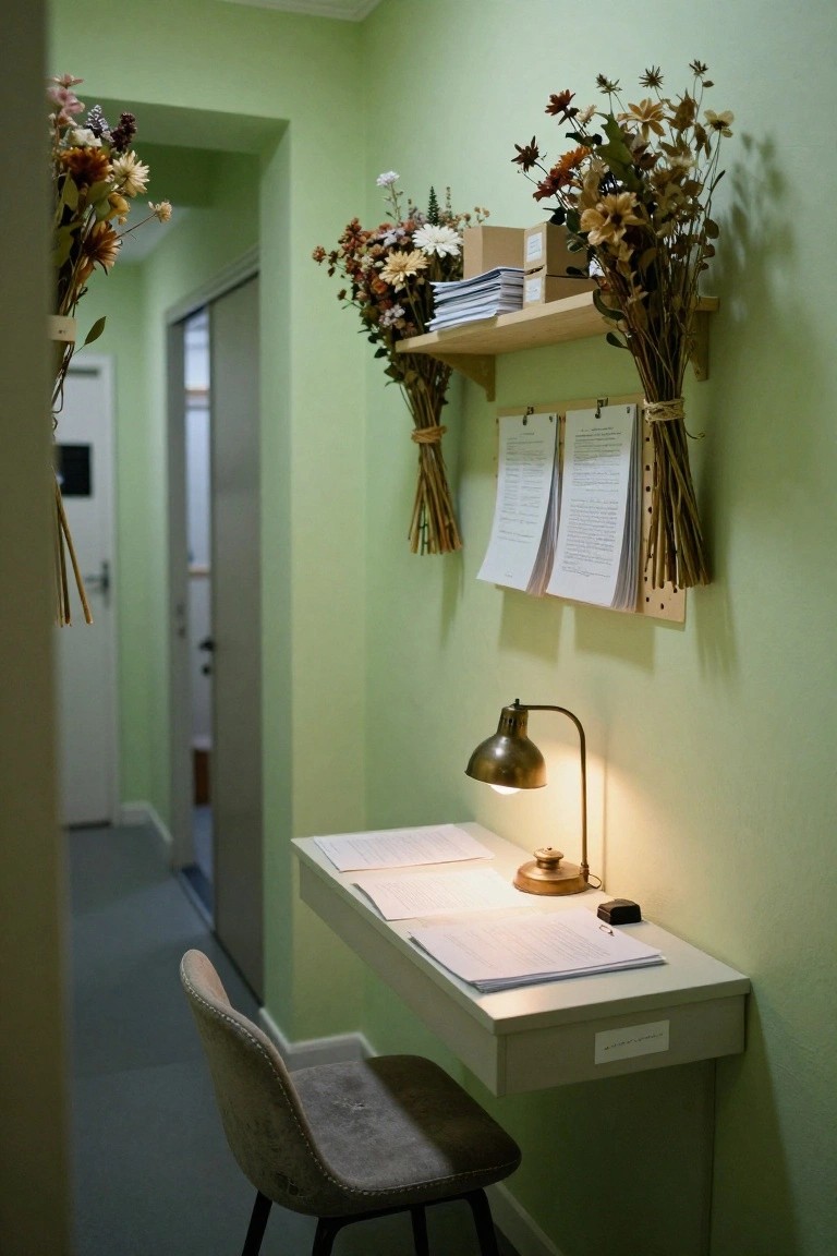 Narrow home office nook with light green walls, wooden shelf holding dried flower arrangements and boxes, pinned papers on a pegboard, floating white desk with open notebooks and brass desk lamp, and gray upholstered chair.