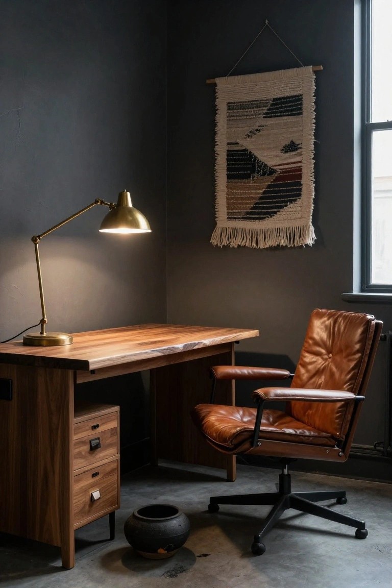 Corner office with dark walls, live-edge wooden desk with walnut drawers, orange leather swivel chair, gold desk lamp, woven wall hanging, and black ceramic pot on concrete floor.