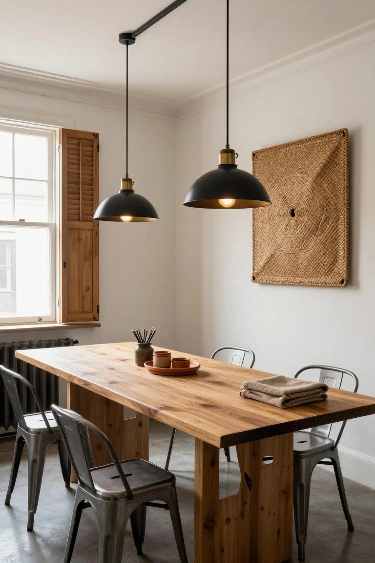 White room with two black pendant lights hanging over a live-edge wooden table with metal chairs, a woven wall hanging, wooden shutters on the window, and a radiator below.