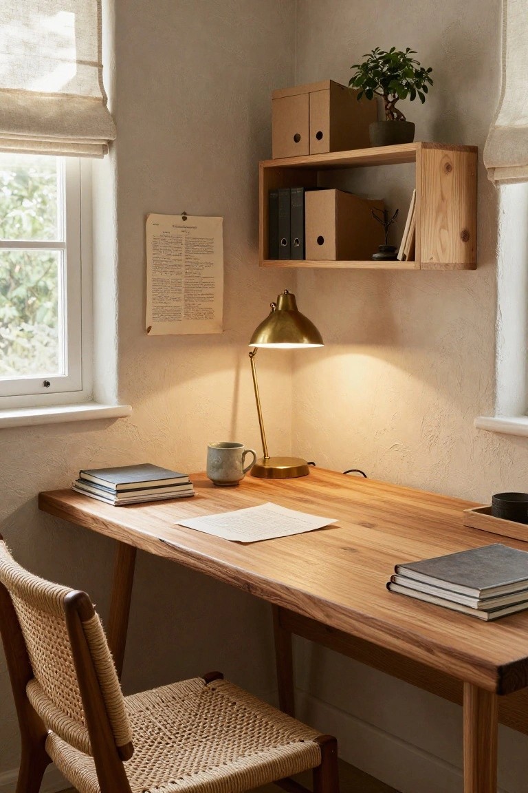 Cozy indoor office corner featuring a light-toned wooden desk with stacked books and papers, a rattan chair, open wooden wall shelves with cardboard boxes and a potted plant, brass desk lamp, and linen-curtained window.