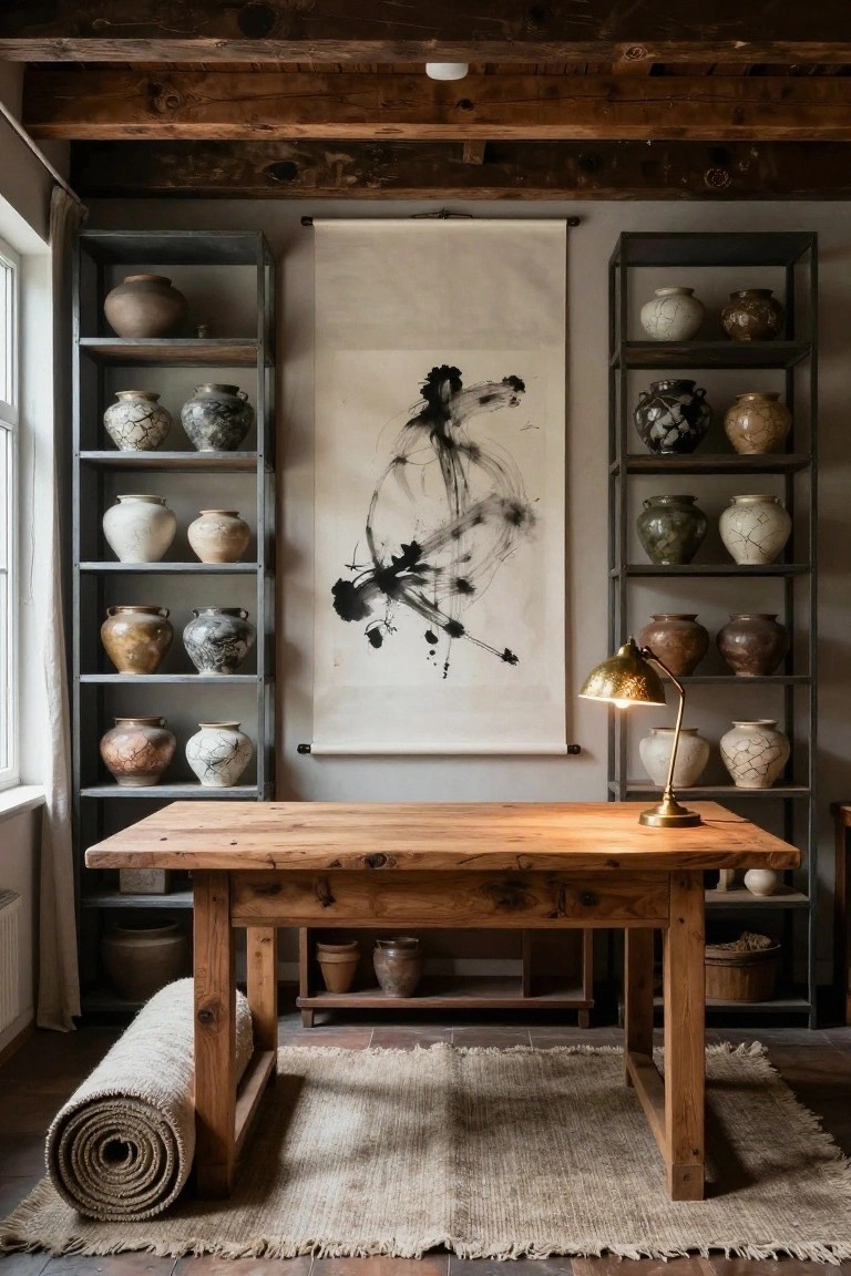 Interior office with exposed wooden beams, tall metal shelves on both sides displaying various unglazed and textured pottery jars and vases, a central wooden desk with brass lamp, ink abstract scroll hanging on wall, and rolled jute rug on floor.