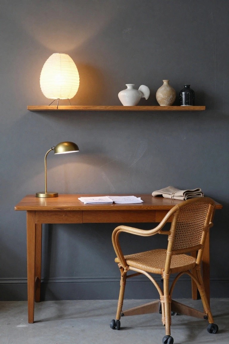 Wooden desk with open notebook, gold desk lamp, and linen cloth, rattan armchair on casters, floating wood shelf above holding white ewer-shaped vase, beige textured vase, black bottle, and rice paper lamp, against dark gray wall on concrete floor.