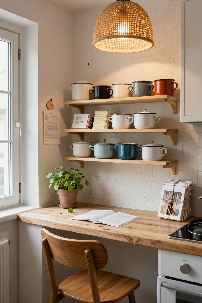 A compact indoor kitchen workspace featuring light oak open shelves displaying assorted colorful enamel pots and mugs, a wooden desk with an open book, a wooden chair, potted plant, rattan pendant lamp, and white cabinets.