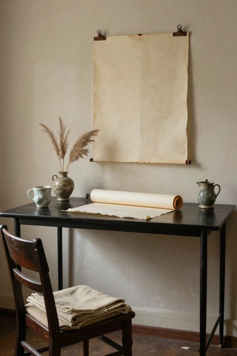 Beige room corner with black metal desk holding unrolled and rolled white parchment paper, green-glazed pottery jug and cup, vase of pampas grass, and wooden chair with beige linen blankets draped over it; large parchment sheet hangs on wall secured by metal clips.
