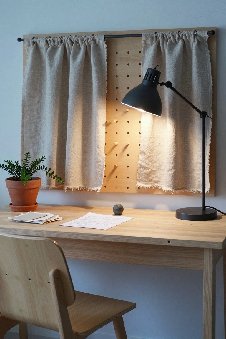 Wooden desk with chair, papers, stone, and potted fern in front of a beige pegboard wall with draped linen curtains and a hooked black desk lamp.