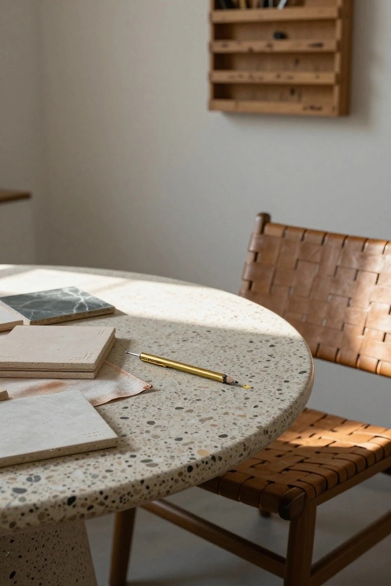 Round white terrazzo table with gray and black aggregates, topped with stacked beige clay slabs, gray veined tile samples, tan fabric scrap, and brass pencil, next to tan woven leather chair, wooden wall shelf rack in sunlit room.