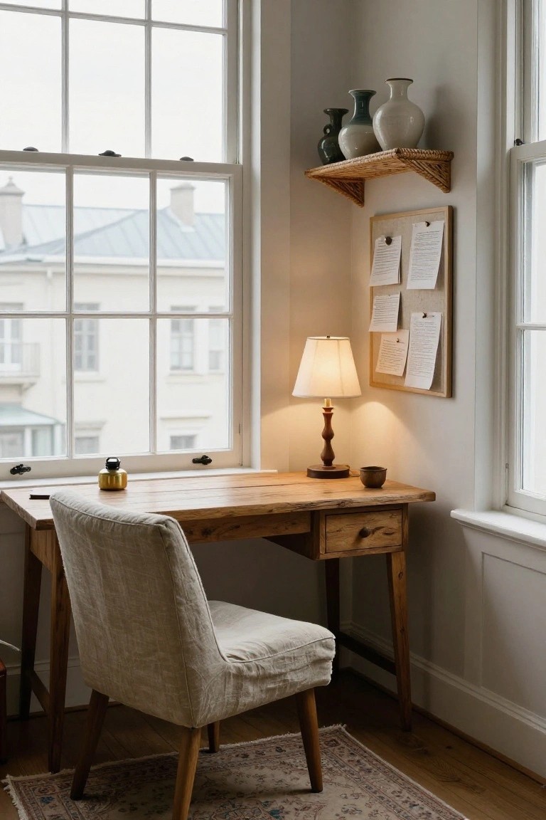 Corner wooden desk with thick rough top, single drawer, linen chair, table lamp, ceramic bowl, and shelf of vases next to tall multi-pane window in light room.