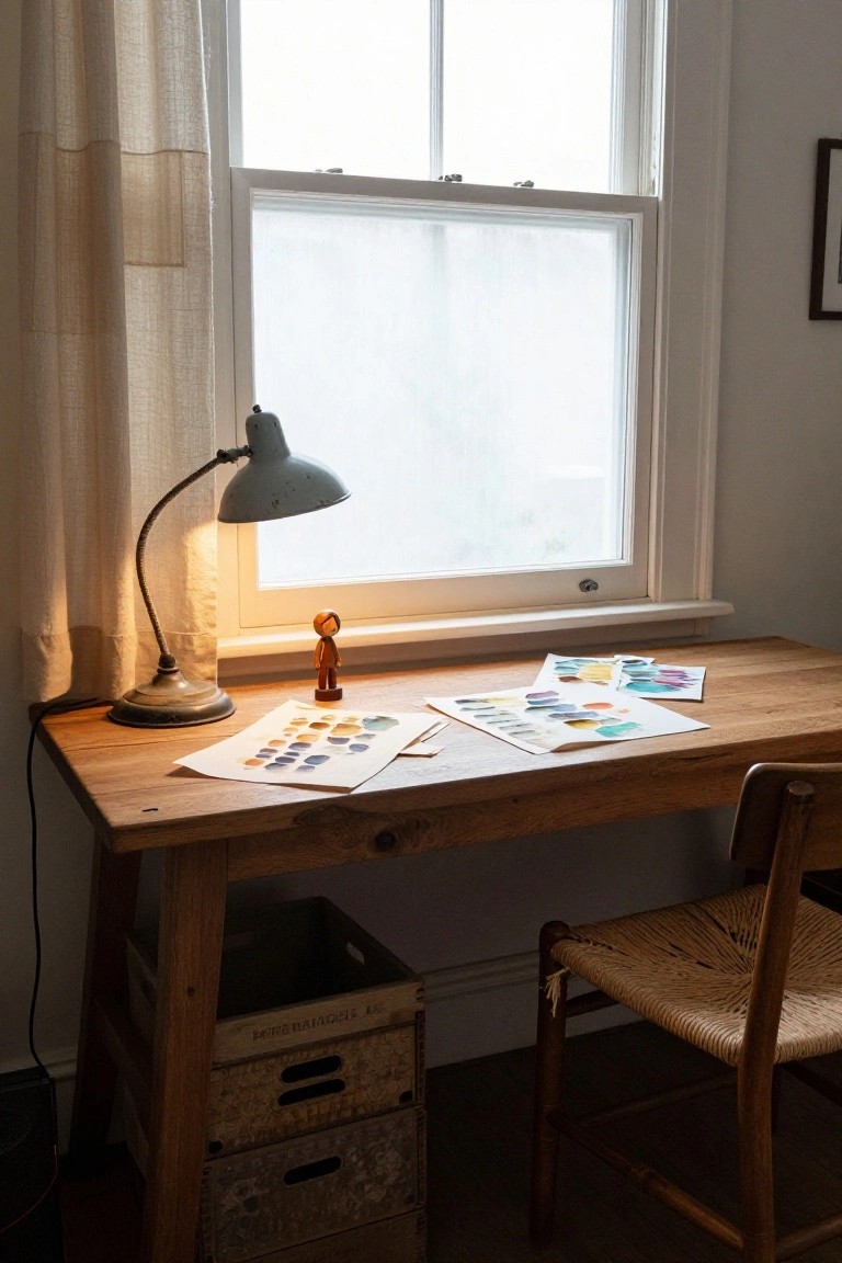 Wooden desk with watercolor papers, wooden figurine, vintage adjustable lamp, and stacked wooden crates underneath, in a room with a chair, window with sheer curtain, and wall art.