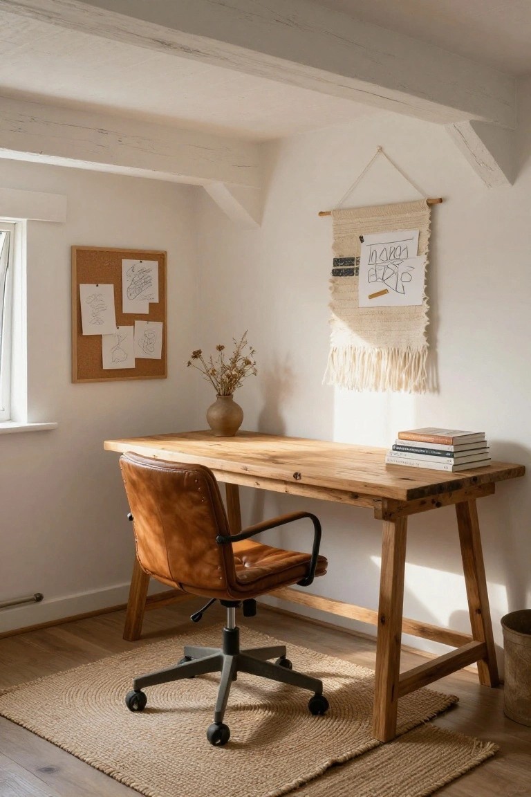 Home office corner featuring a rustic wooden trestle desk with leather swivel chair, cork bulletin board with sketches, woven macrame wall hanging, vase of dried pampas grass, stacked books, seagrass rug, and metal wastebasket in a white-walled room with exposed beams.