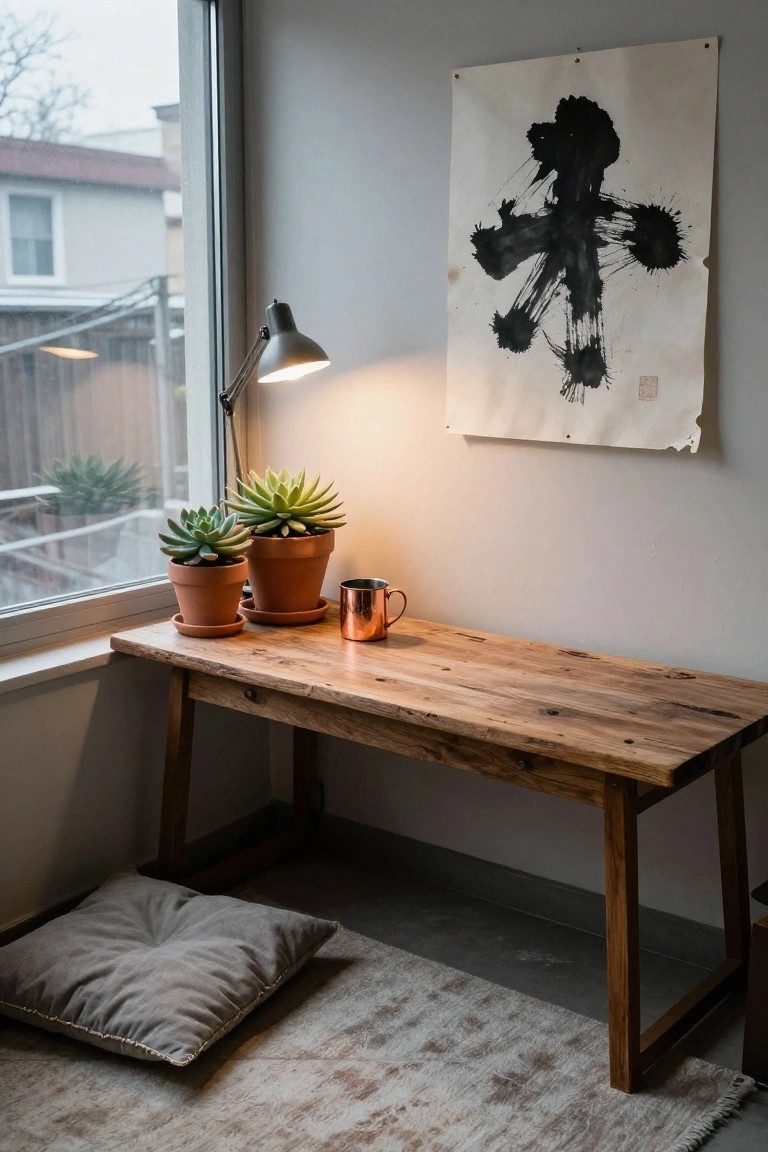 A long rustic wooden desk sits against a large window in a light gray room, holding two potted succulents and a copper mug, with a desk lamp, abstract ink art on the wall, and a floor cushion on a rug below.