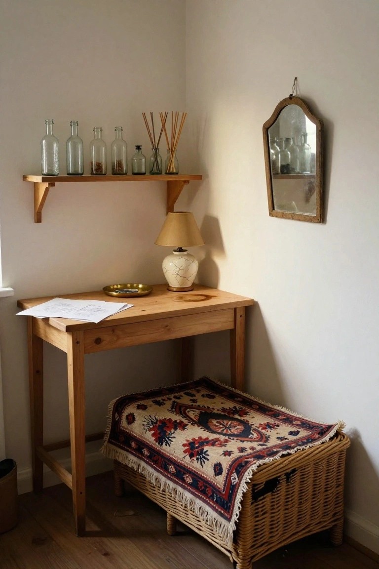 Wooden open shelf in a white corner room displaying an assortment of clear and colored glass bottles of varying sizes and shapes, some containing reed diffusers, above a wooden desk with papers and a low wicker basket stool draped in a patterned rug.