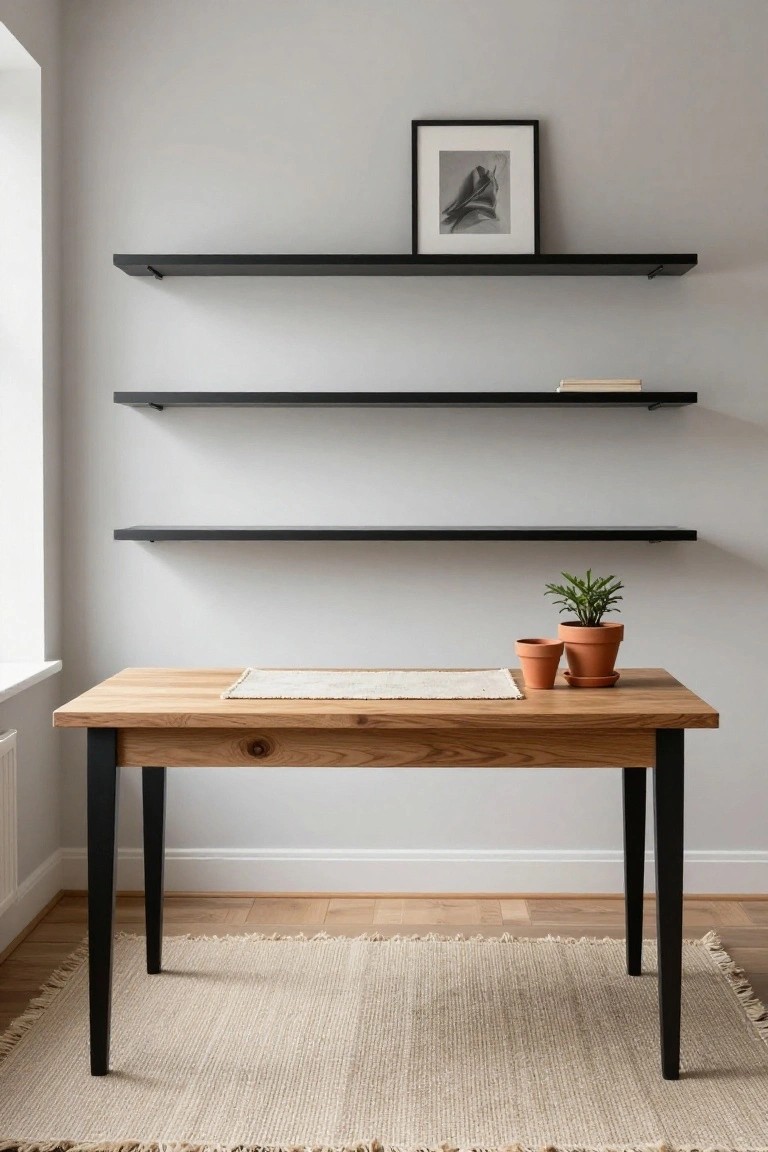 Light gray corner wall with four staggered black floating shelves holding a framed black-and-white drawing, a hardcover book, and empty spaces, above a wooden desk with black legs, two terracotta potted plants, a seagrass runner, and a jute rug on parquet flooring.