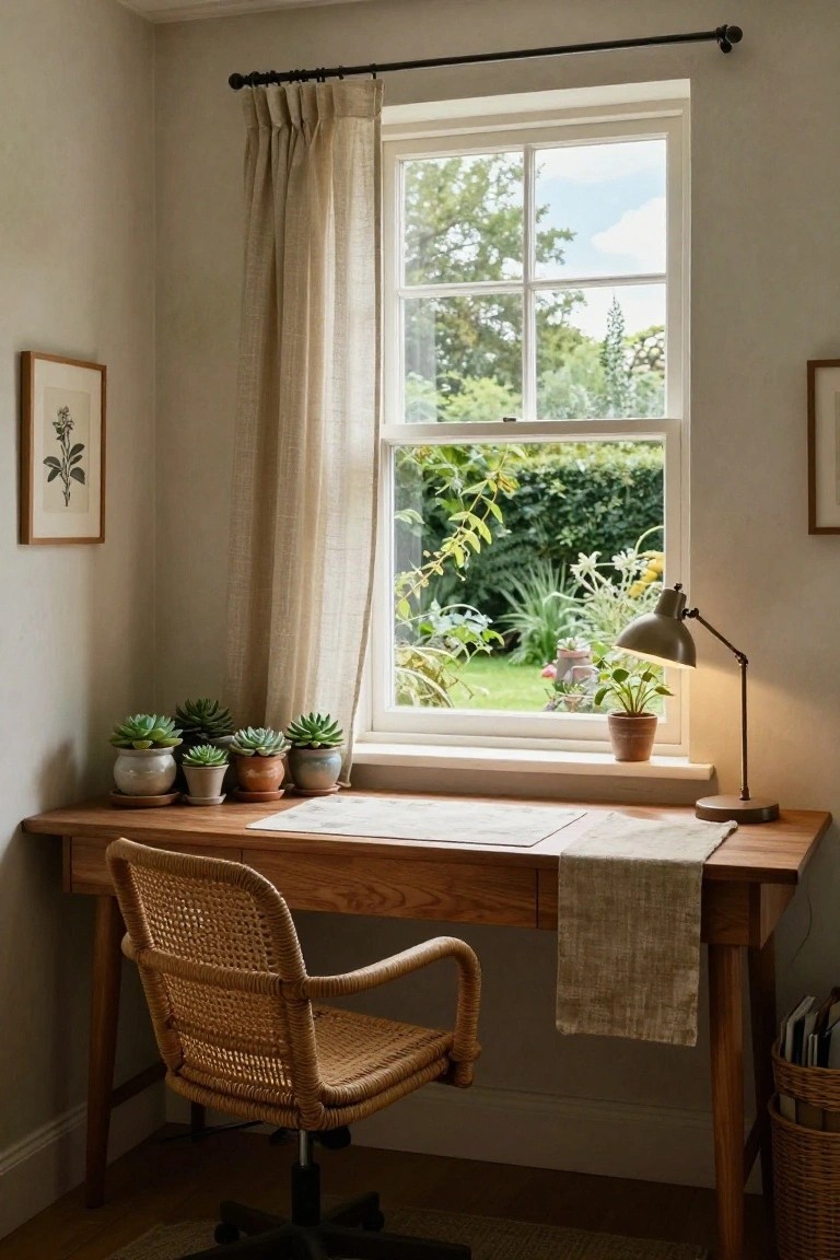 Wooden desk in a light corner room with clustered potted succulents, rattan chair, adjustable desk lamp on windowsill overlooking garden, sheer linen curtains, and botanical prints on walls.