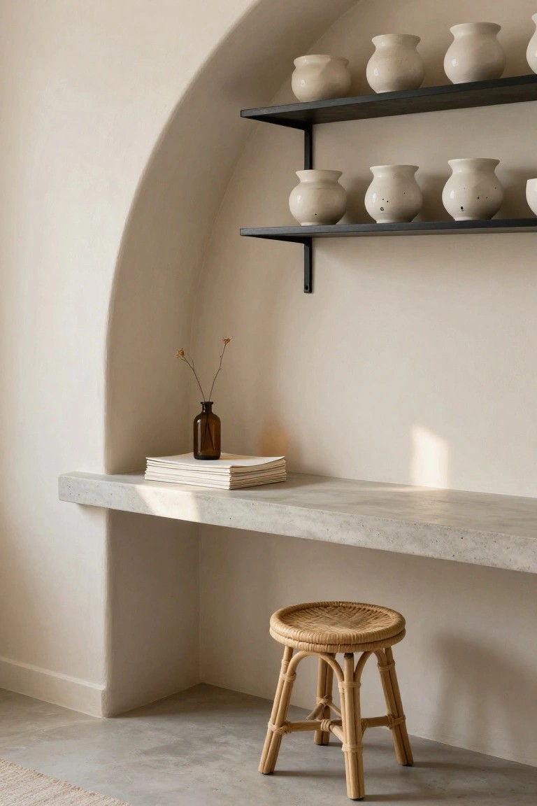Arched beige wall niche with black floating shelves displaying white ceramic vases, concrete ledge below holding stacked papers and brown glass bottle with dried flowers, rattan stool in front on concrete floor.