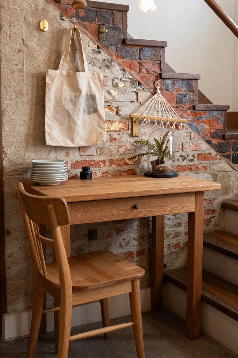 Wooden desk and chair against exposed brick wall near stairs, with stack of white plates, ink bottle, glass terrarium, hanging canvas bag, and macrame hanger on wall.