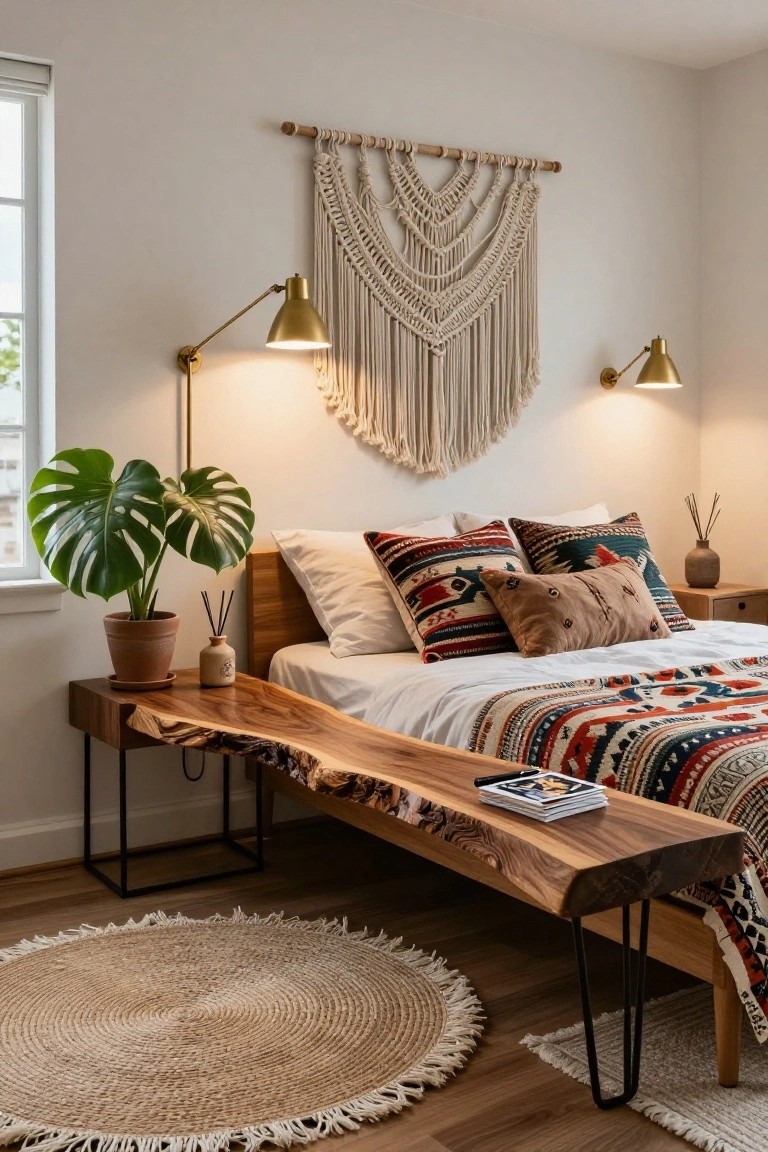 Cozy bedroom with wooden live-edge bench, macramé wall hanging, and boho decor.