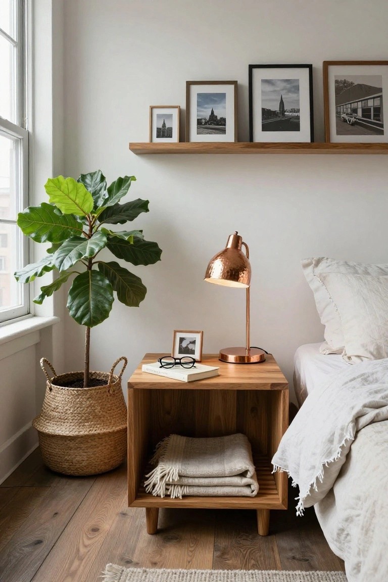 Cozy bedroom corner with wooden nightstand, copper lamp, plant, and framed photos.