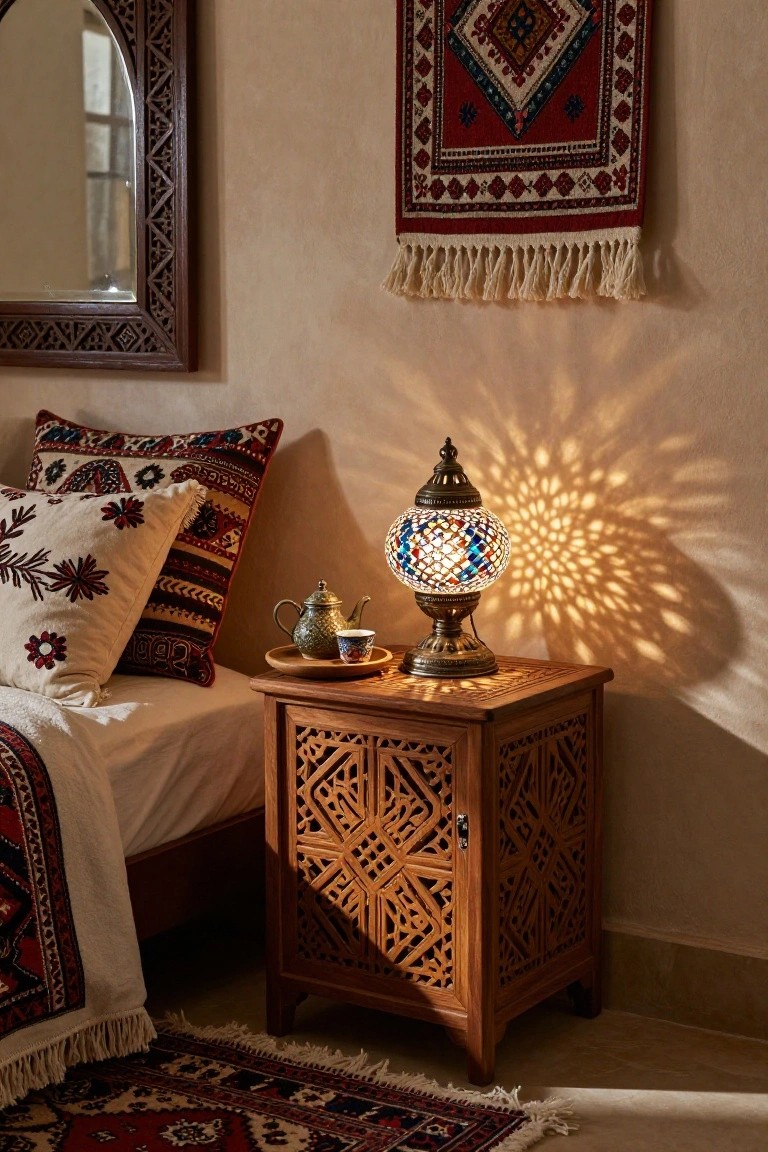 Carved wooden nightstand with glowing mosaic lamp and patterned textiles.